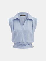 Striped Collared Sleeveless Cinched Blouse