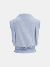 Striped Collared Sleeveless Cinched Blouse