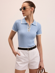 Ribbed Knit Short Sleeve Polo Top
