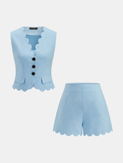 Scallop Trim Buttoned Vest & Shorts Set