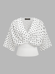 Polka Dot Cinched Waist V Neck Blouse