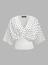 Polka Dot Cinched Waist V Neck Blouse