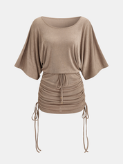 Drawstring Ruched Batwing Sleeve Mini Dress