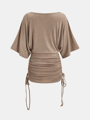 Drawstring Ruched Batwing Sleeve Mini Dress