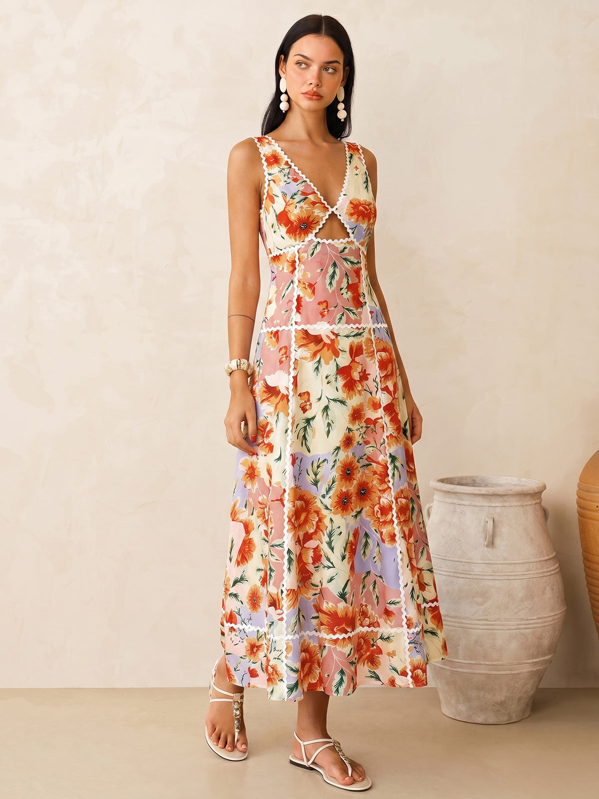 Sleeveless Floral Print Backless Maxi Dress