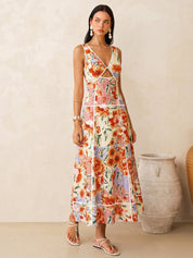 Sleeveless Floral Print Backless Maxi Dress