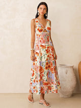 Sleeveless Floral Print Backless Maxi Dress