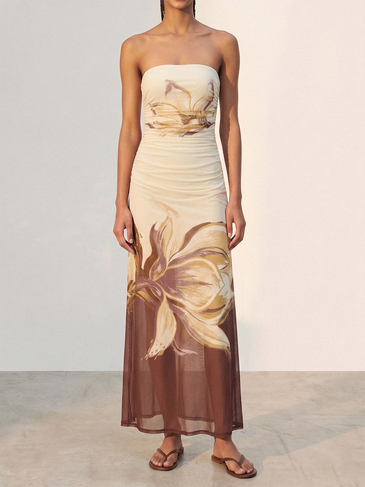 Strapless Floral Ruched Maxi Dress