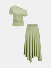 One Shoulder Ruched Top & Midi Skirt Set