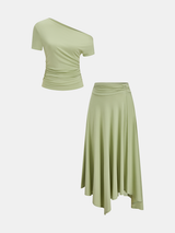 One Shoulder Ruched Top & Midi Skirt Set