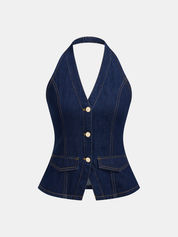 Denim Metal Button Halter Vest & Shorts Set