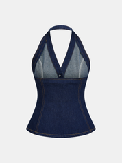 Denim Metal Button Halter Vest & Shorts Set