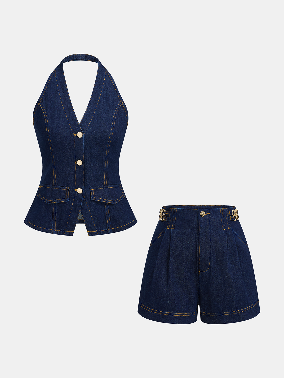 Denim Metal Button Halter Vest & Shorts Set