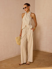Striped Cotton Linen Halter Top & Pant Set