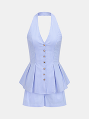Cotton Striped Halter Peplum Top & Shorts Set