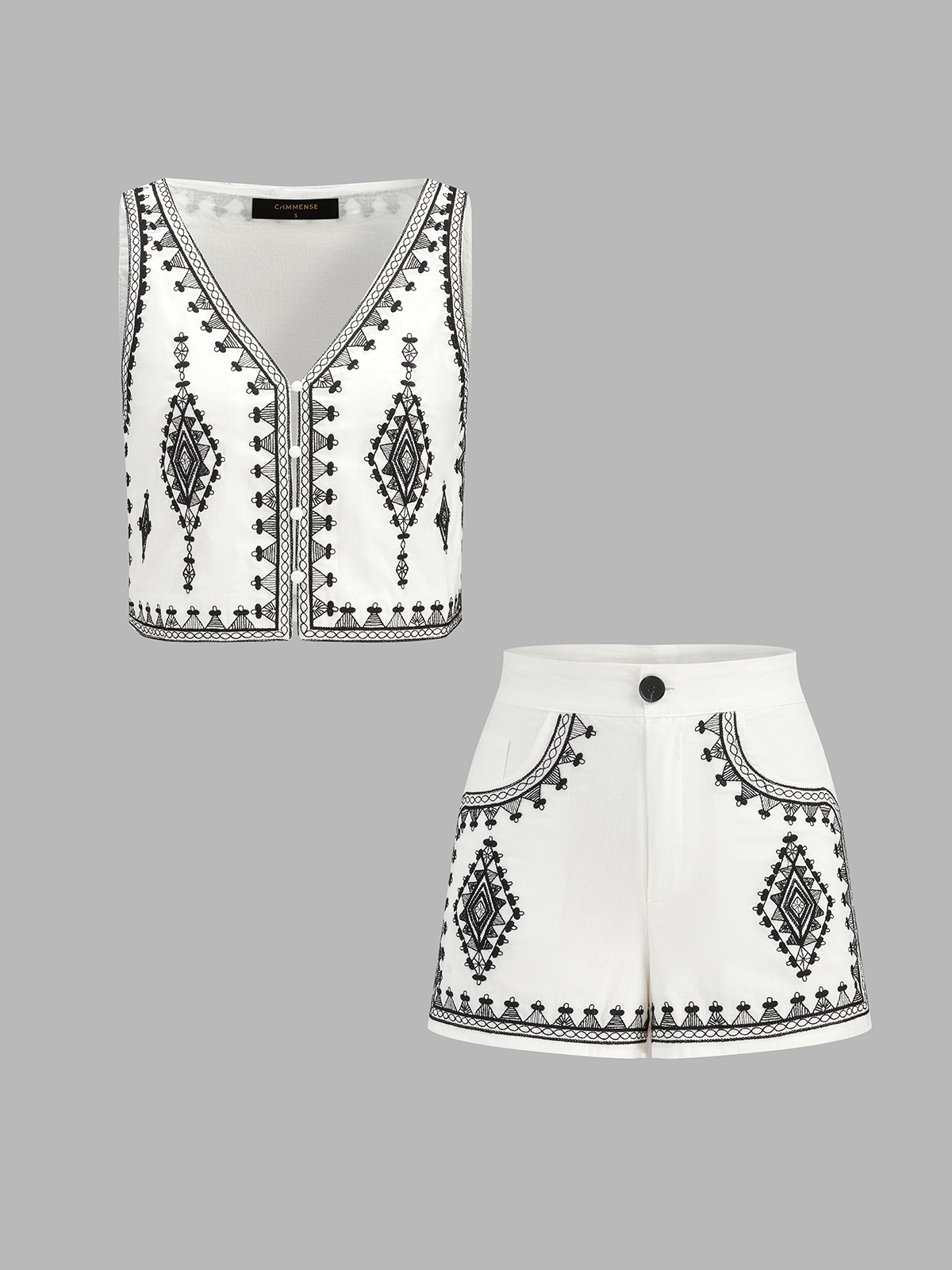 Embroidered Cotton Blend Vest & Shorts Set