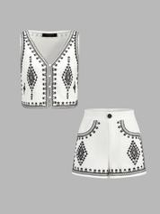 Embroidered Cotton Blend Vest & Shorts Set
