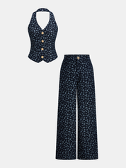 Ditsy Floral Halter Vest & Wide Leg Pants Set