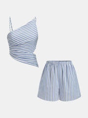 Striped Cotton Blend Cutout Top & Shorts Set