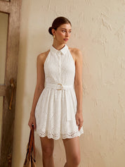 Belted Eyelet Embroidery Halter Mini Dress