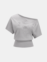 Off Shoulder Floral Applique Knit Top