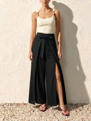 Bow Tie-Waist Side-Slit Wide Leg Pants