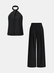 Halter Neck Button Top & Wide Leg Pants Set