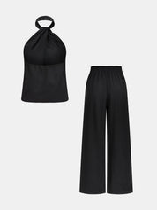 Halter Neck Button Top & Wide Leg Pants Set