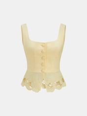 Linen Blend Embroidered Top & Pleated Skirt Set
