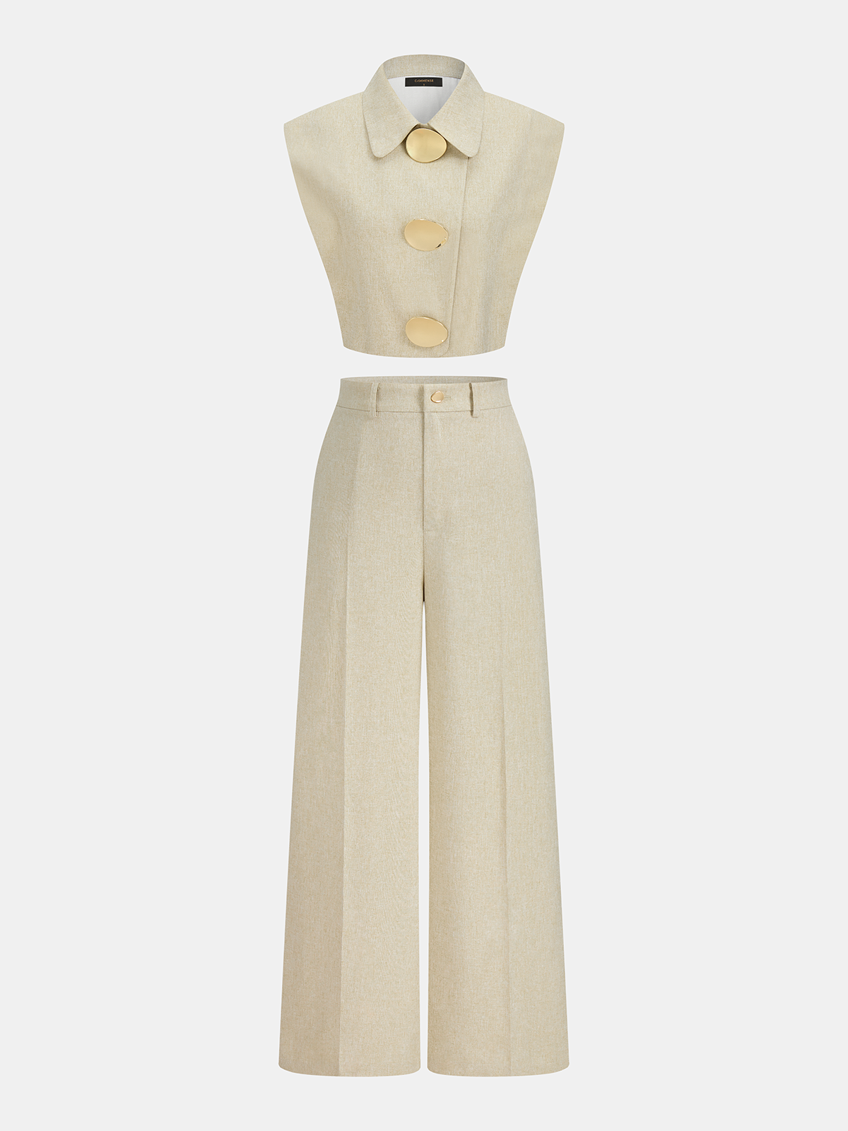 Cotton Blend Collared Crop Vest & Pants Set