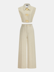 Cotton Blend Collared Crop Vest & Pants Set