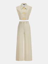 Cotton Blend Collared Crop Vest & Pants Set