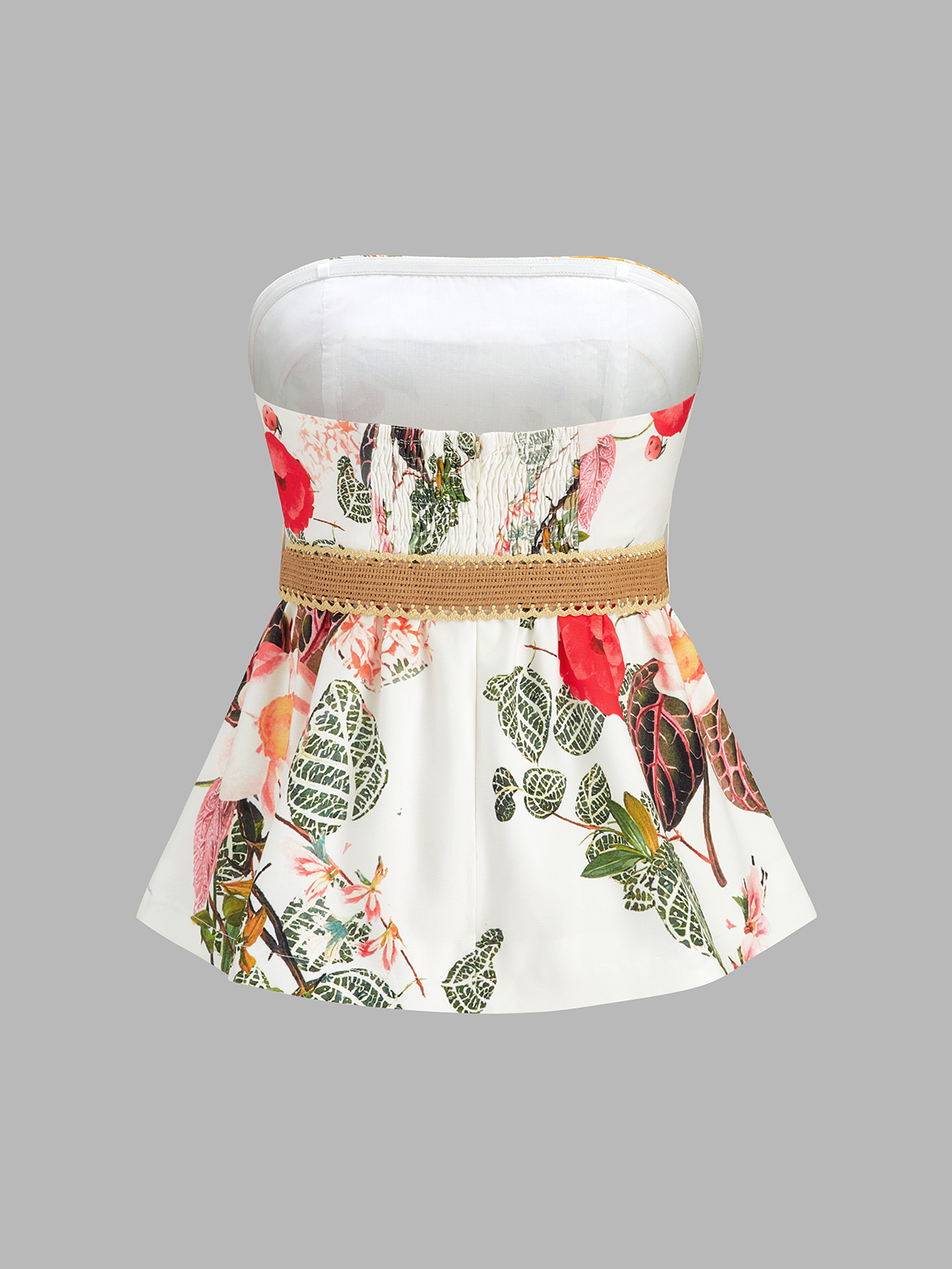 Floral Print Belted Strapless Top & Shorts Set