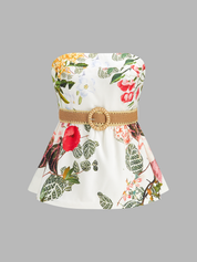 Floral Print Belted Strapless Top & Shorts Set