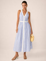 Striped Cotton Blend Collared Halter Midi Dress