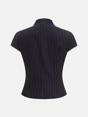 Pinstriped Button-Front Stand Collar Blouse
