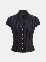 Pinstriped Button-Front Stand Collar Blouse