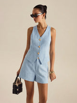 Textured Metal Button Vest & Shorts Set