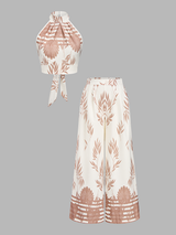 Leaf Print Halter Neck Crop Top & Pants Set