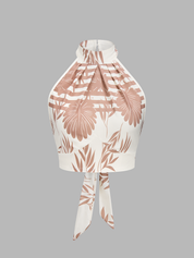 Leaf Print Halter Neck Crop Top & Pants Set