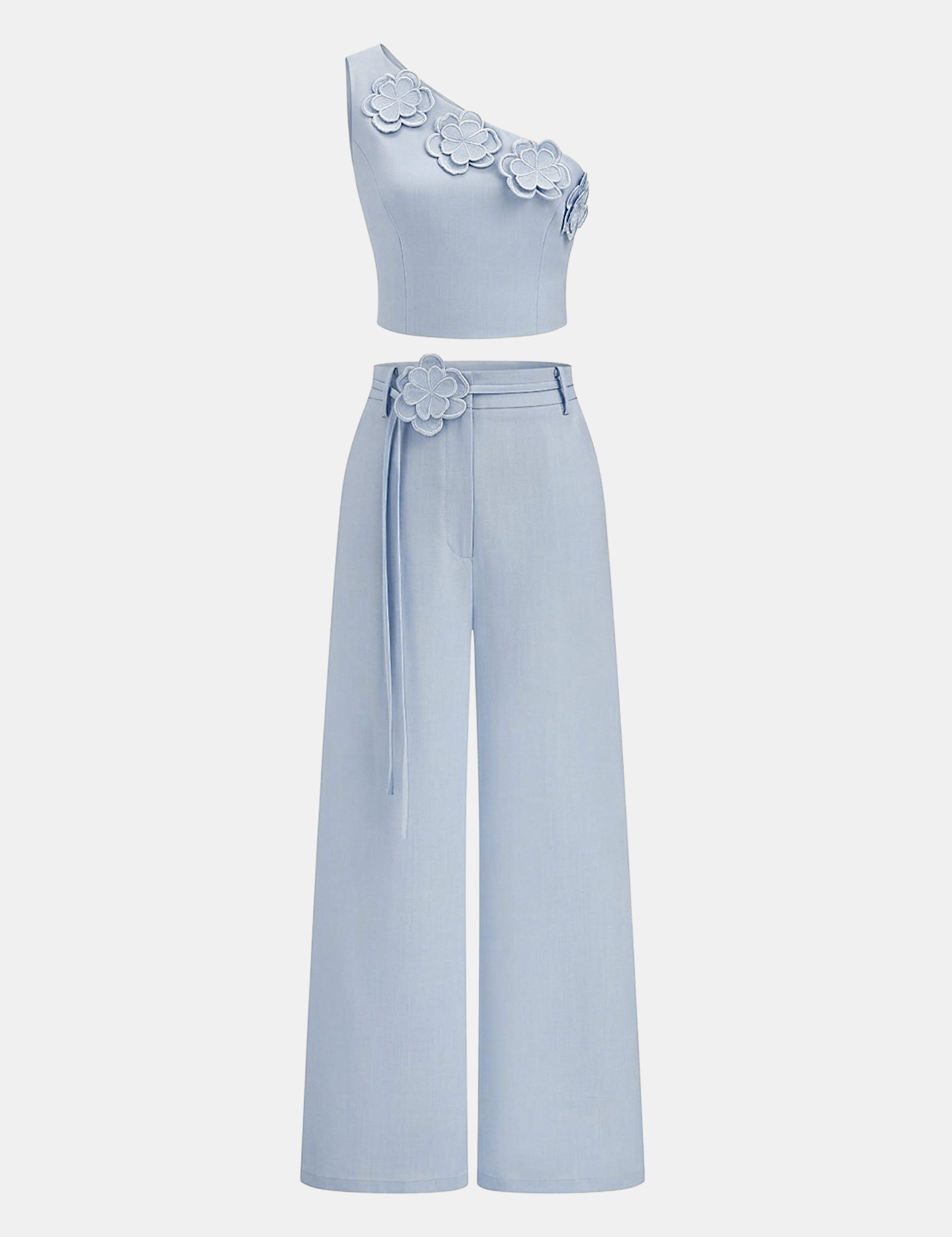 3D Flower One-Shoulder Crop Top & Pants Set